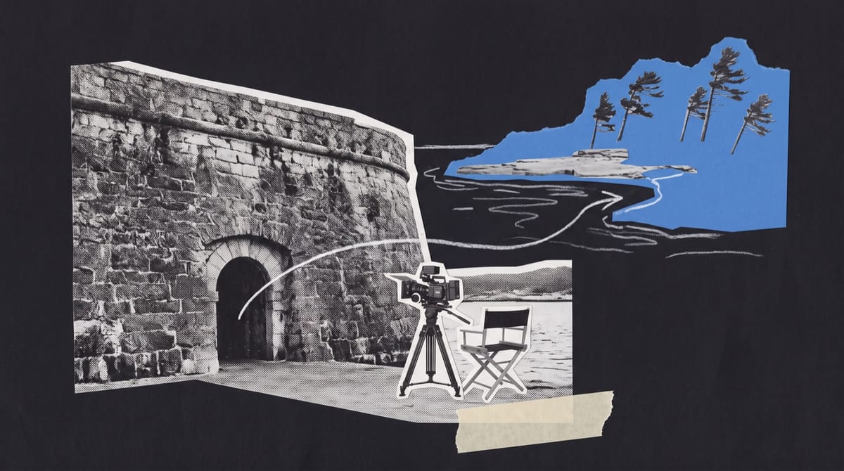 Paper collage of a stone harbour fortress wall with an arched doorway, a cinema camera on a tripod and an empty folding chair, before a blue island coastline with pines.