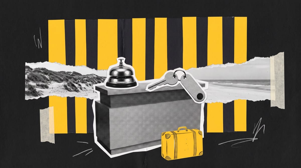 Paper collage of a hotel reception desk with a service bell and room key, set before torn strips of dunes and an empty beach with yellow beach-hut stripes.