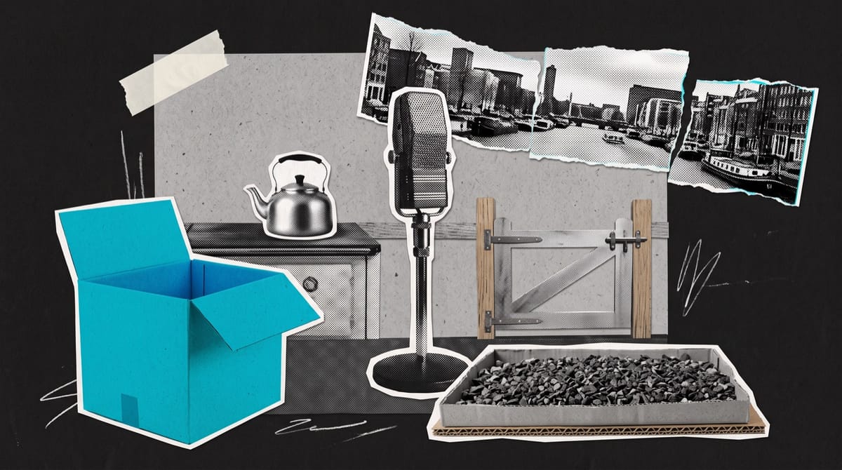 Collage of an empty radio drama studio with a microphone, a mock farmhouse kitchen and a gravel tray, a city skyline above a canal, and a half-open cyan paper moving box.