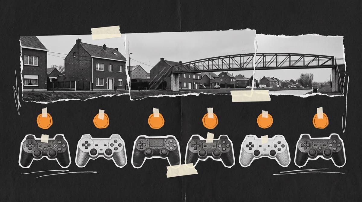 Collage of six black-and-white gamepads in a row, each under an orange paper coin, before a torn photo of a riverside town with brick houses and a footbridge.