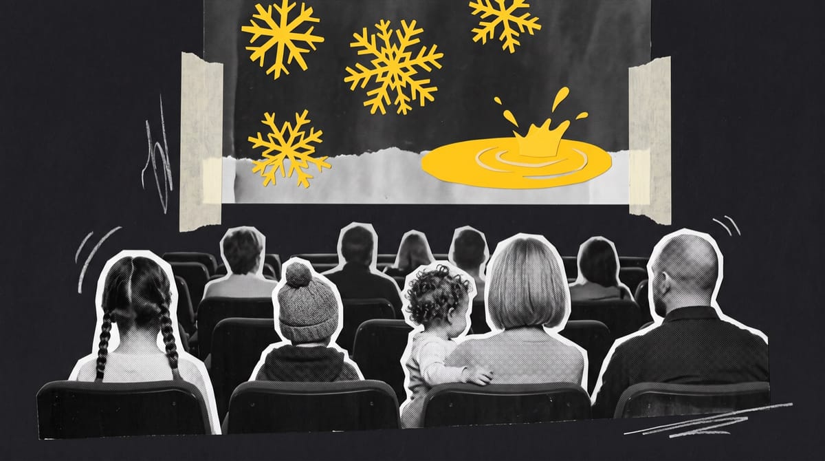 A black-and-white collage of a cinema audience seen from behind, families in their seats watching yellow paper snowflakes and a splashing puddle on the screen.