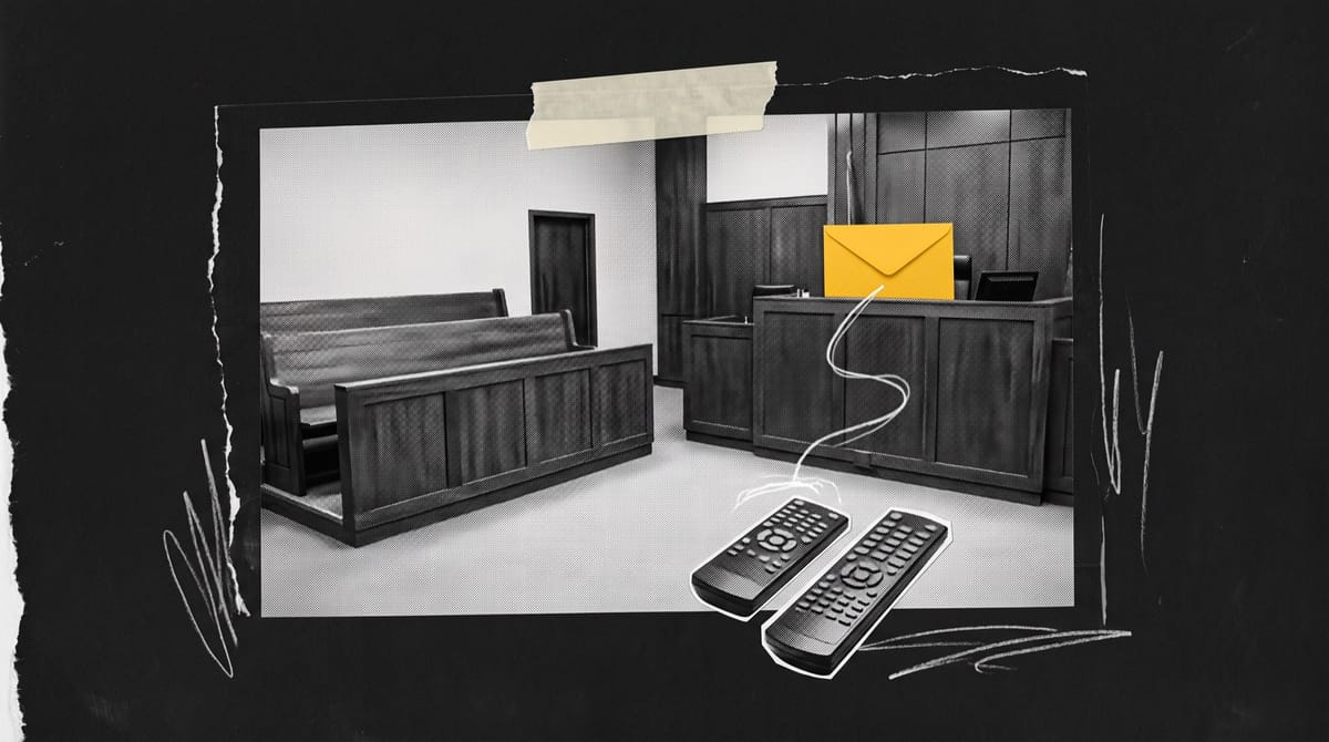Collage of an empty courtroom with a yellow paper envelope on the judge's bench and a white pencil line leading to two television remotes on the floor.