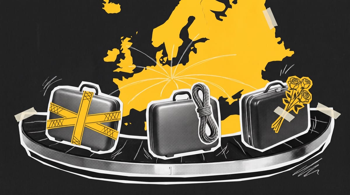 Three travel cases ride a curved baggage belt, one taped, one with climbing rope, one with yellow paper roses, before a yellow paper map of Europe.