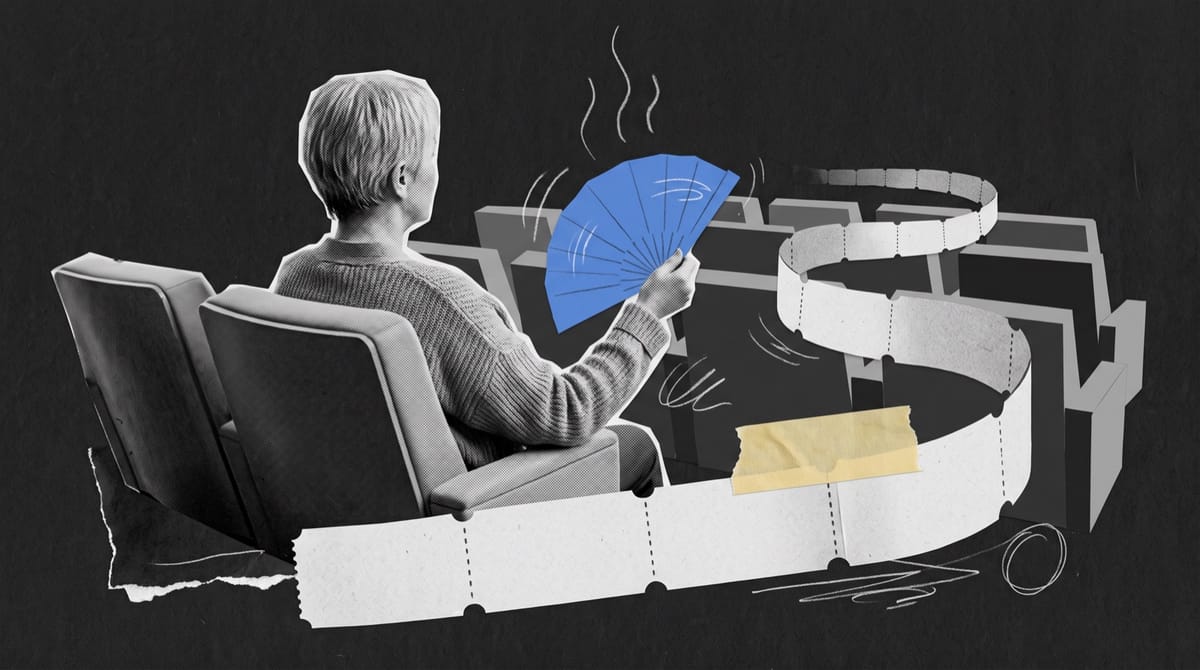 Collage of a grey-haired woman seen from behind in a cinema seat, fanning herself with a blue paper fan as a strip of blank tickets curls over the rows.
