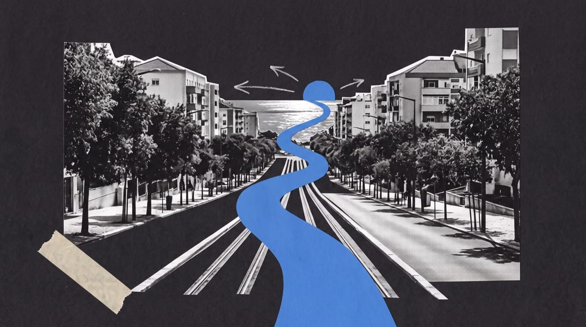 Paper collage of a tree-lined city avenue with tram rails, a blue paper ribbon running like a road toward a small blue sun setting over the river.