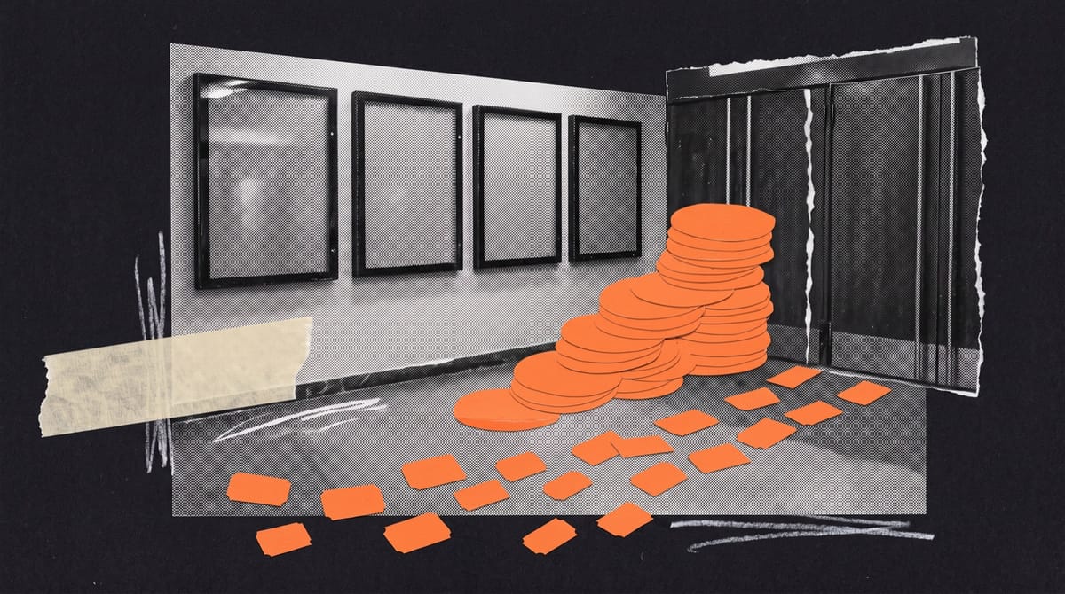 Collage of a black-and-white cinema lobby with empty poster frames, an orange paper stack of coins rising like stairs toward the doors, and orange tickets scattered on the floor.