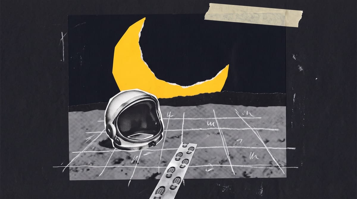 Collage of an empty astronaut helmet on grey lunar dust beside bootprints that stop abruptly, under a yellow paper crescent Earth and a white pencil search grid.