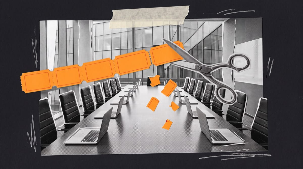 Collage of an empty boardroom table with closed laptops, where scissors have cut a third off an orange strip of cinema tickets, the pieces scattered.