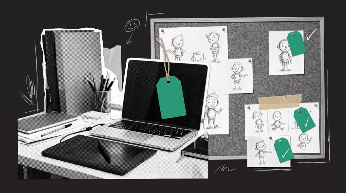 Paper collage of an animator's desk with a pen tablet, a laptop and a corkboard of puppet sketches, marked with small green paper tags on a dark background.