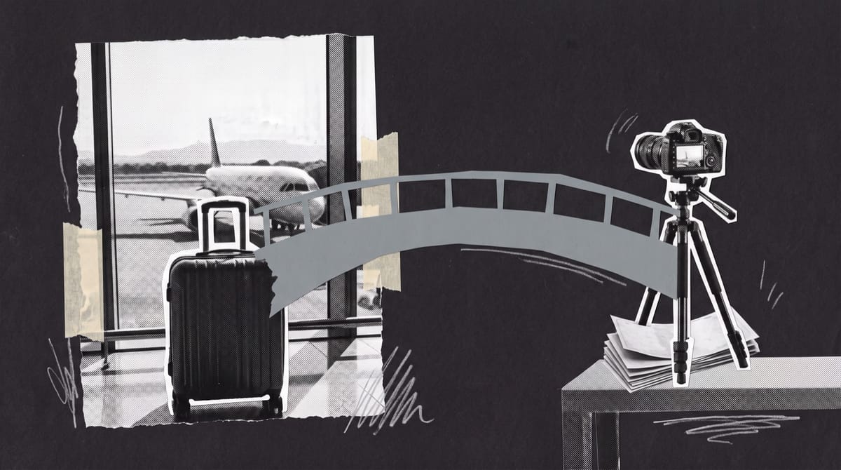 Collage of a suitcase at an airport window with a jet outside, joined by a grey paper bridge to a cinema camera on a tripod resting on banknotes.
