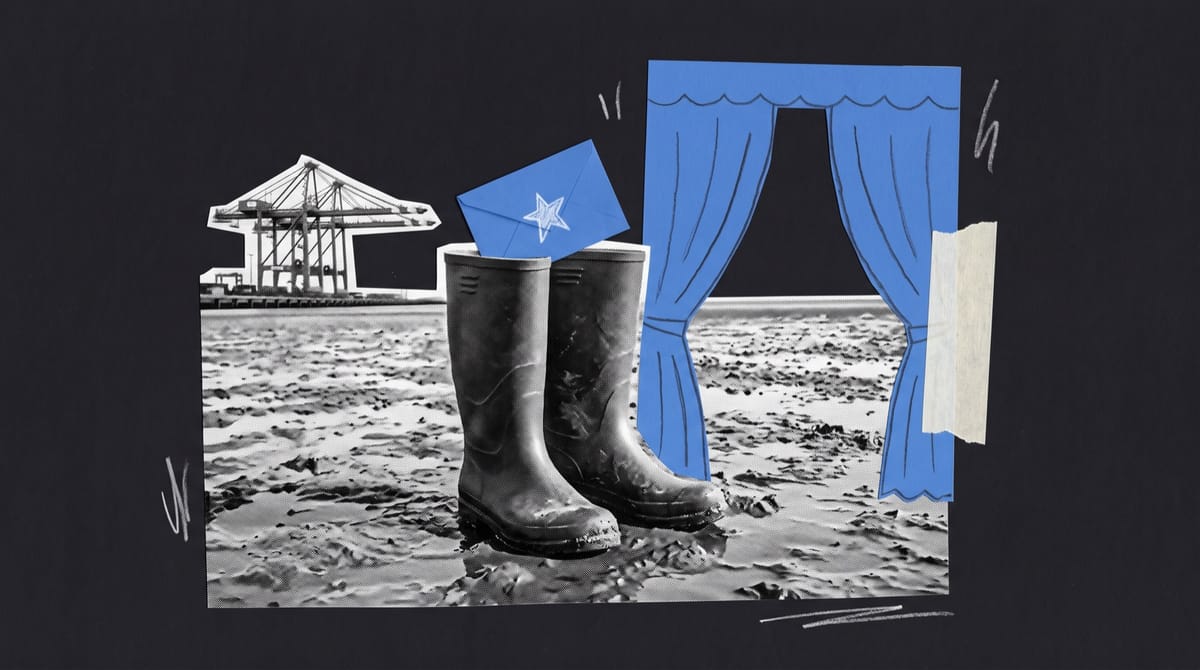 Collage of rubber boots in wet tidal mudflats with a port crane on the horizon, a half-open blue paper curtain and an envelope marked with a star.