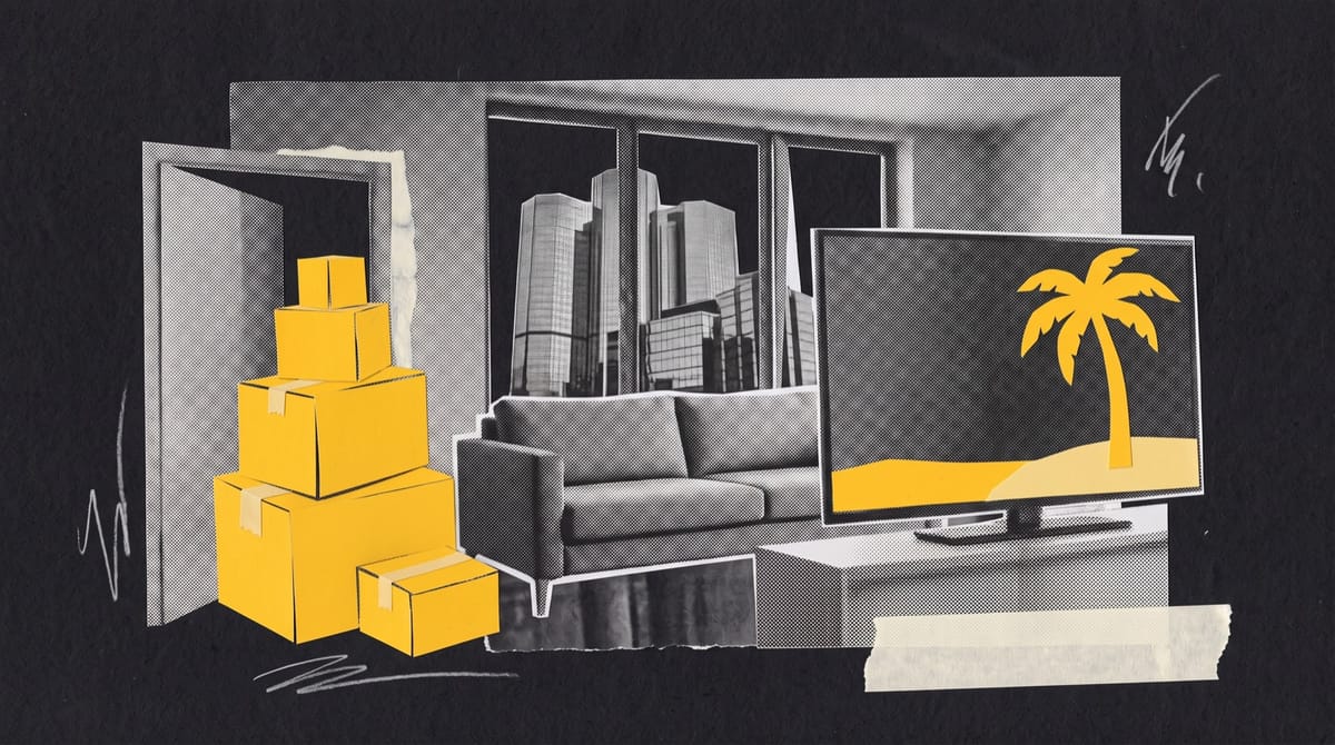Collage of a city apartment living room, with yellow paper boxes carried through the door and a yellow paper palm tree on a beach shown on the television.