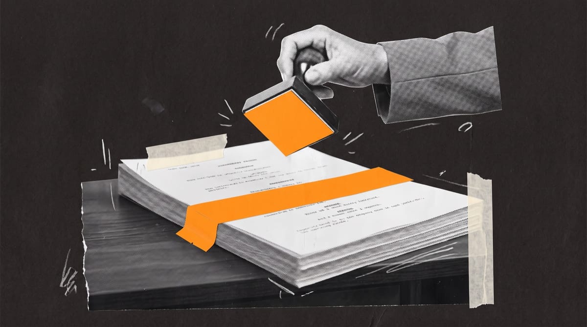 Collage of a stack of screenplay pages on a desk sealed with orange tape, with a hand in a grey sleeve raising a rubber stamp above them.