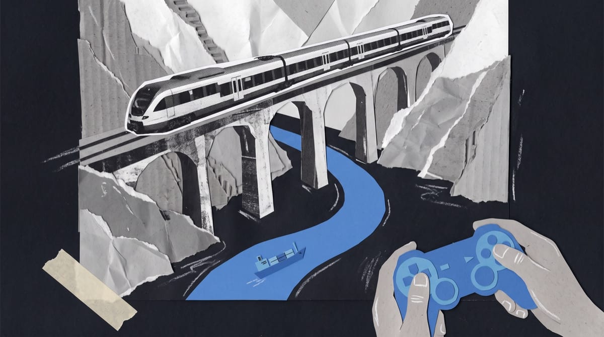 Paper collage of a train crossing a high Alpine viaduct above a blue paper river with a tiny cargo ship, and a hand holding a gamepad in the corner.