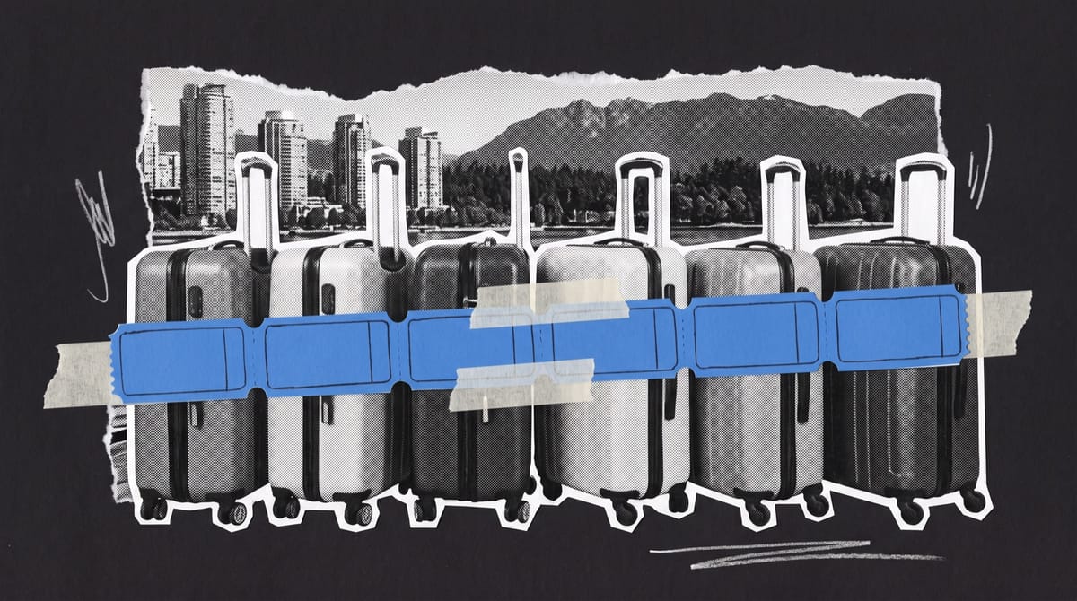 Collage of six hard-shell travel cases in a row on a harbour boardwalk, crossed by a blue strip of cinema tickets, with glass towers and forested mountains behind.
