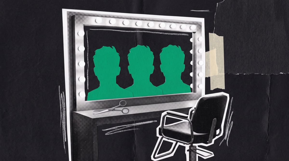 Collage of a bulb-ringed dressing-room mirror over an empty make-up chair, with three identical green paper silhouettes of the back of a head and scissors on the counter.