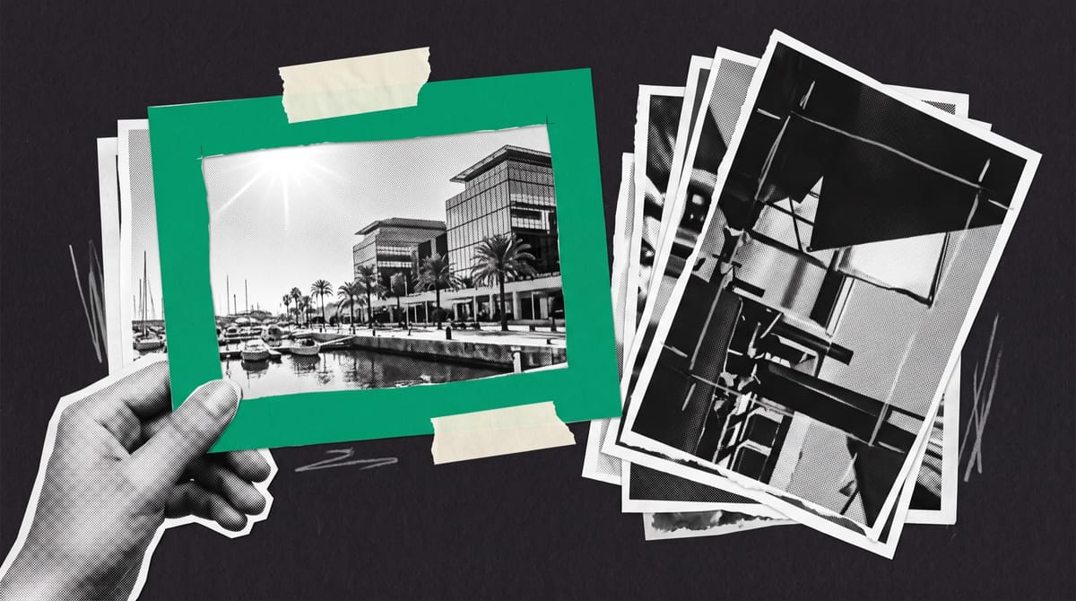 Paper collage of a hand holding a green frame around a sunny waterfront with palm trees and a marina, beside a fanned stack of black-and-white photo prints.