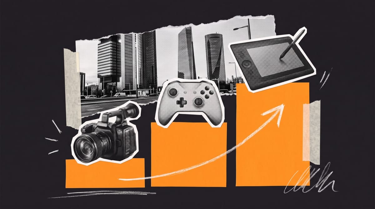 Paper collage of a cinema camera, a gamepad and a drawing tablet on orange steps rising left to right, before a torn photo of glass office towers in Madrid.