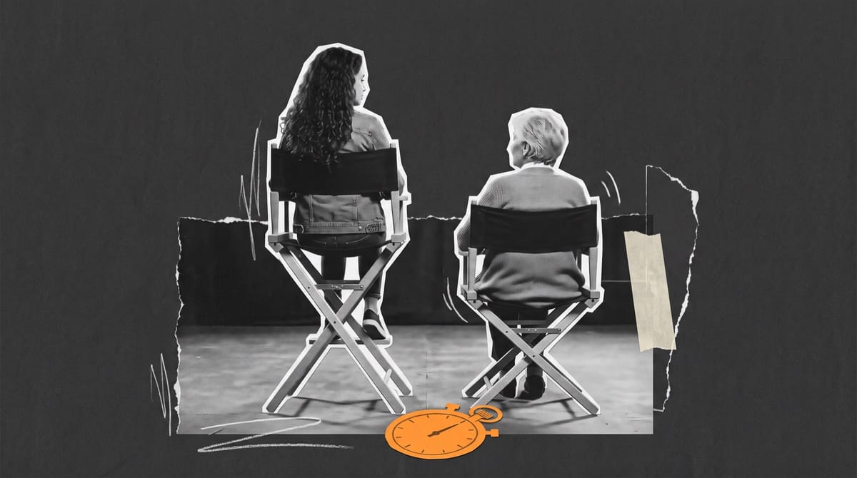 Collage of two directors' chairs on a bare stage, a young woman and an older woman seated with their backs turned, an orange paper stopwatch on the floor.