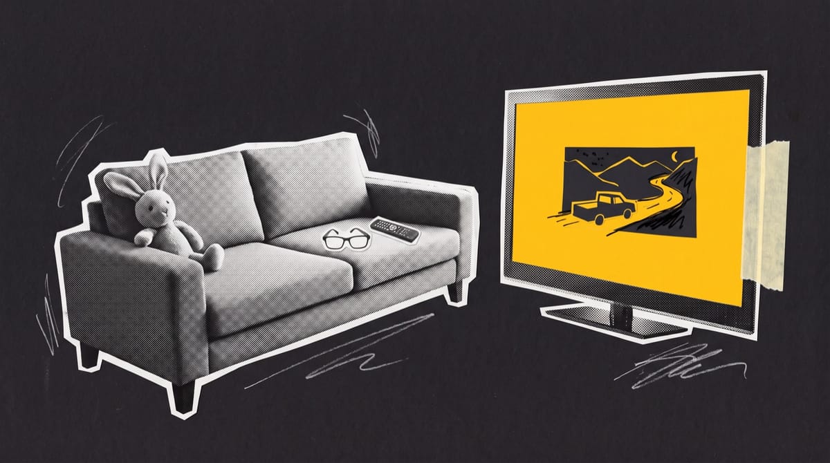 Paper collage of a living room sofa holding a toy rabbit, reading glasses and a remote, facing a yellow television screen that shows a pickup truck on a night mountain road.