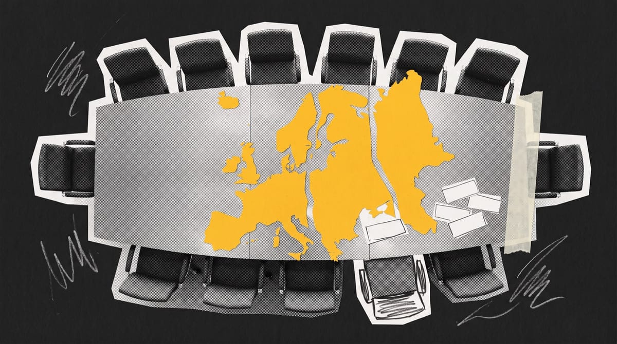Collage of a long boardroom table seen from above with empty chairs pushed back, a yellow paper map of Europe cut into four pieces and blank name cards scattered.