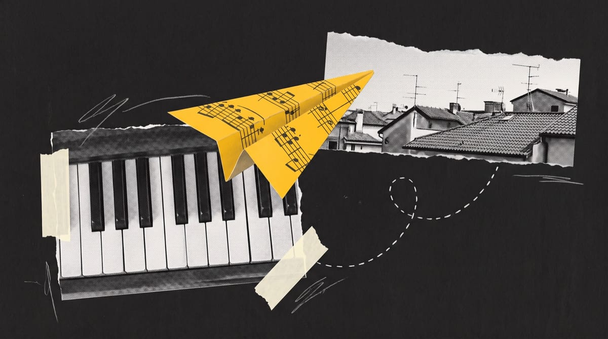 Paper collage of old keyboard keys seen from above, with a yellow sheet of music folded into a paper aeroplane flying toward a strip of tiled rooftops with television aerials.