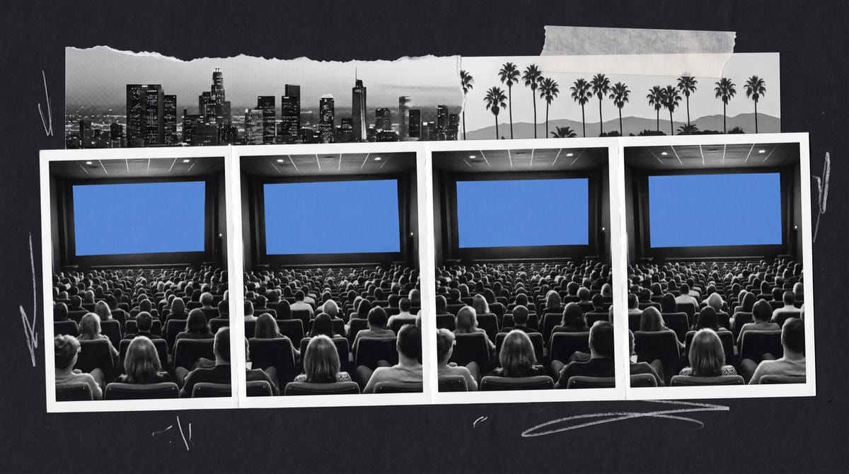 Paper collage of four packed cinema auditoriums seen from behind, facing blue screens, under a torn strip joining a city skyline to palm trees and hills.