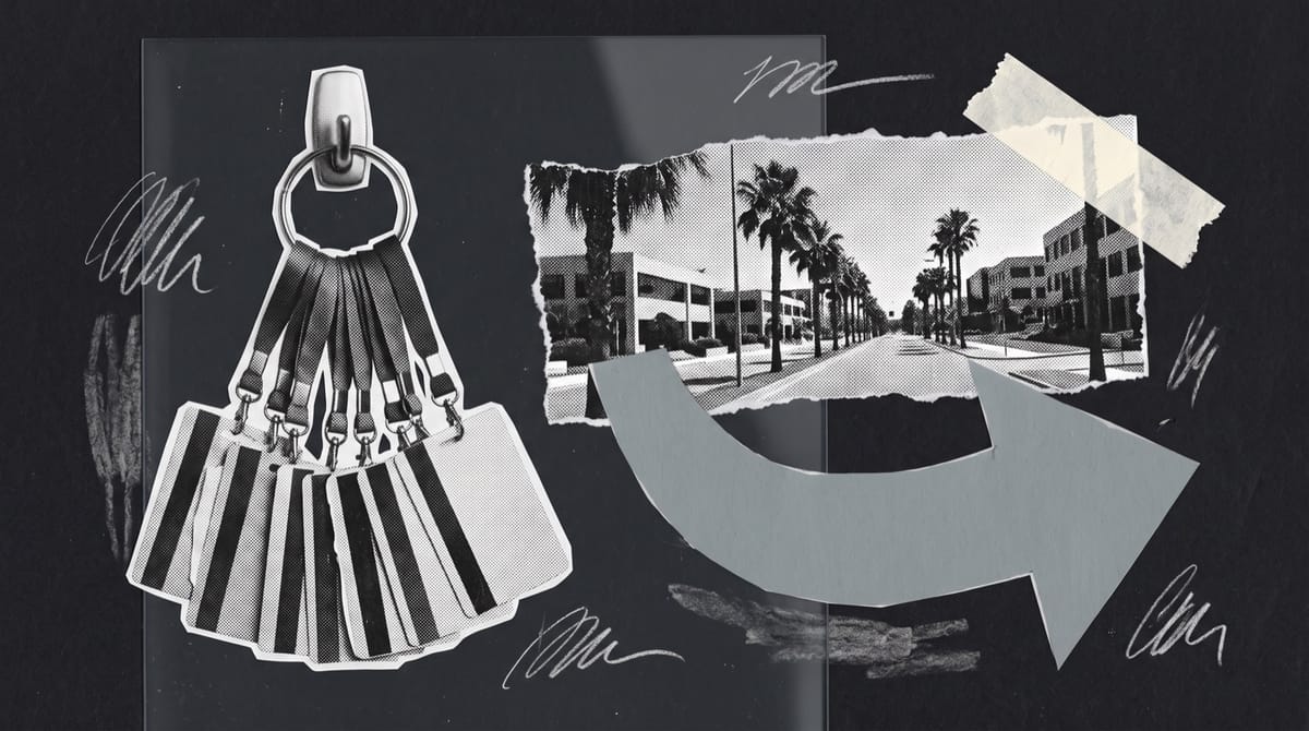 Collage of office keycards on lanyards gathered onto one ring on a glass wall, a palm-lined city boulevard behind, and a grey paper arrow pointing toward a door.