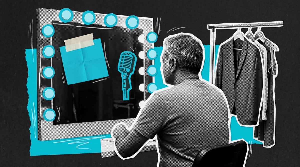 Collage of a performer seen from behind in a theatre dressing room, with a folded cyan paper payslip and a cyan microphone shape taped to a bulb-lit mirror.