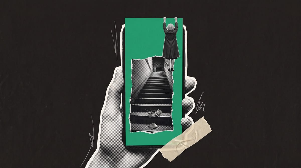 Paper collage of a hand holding a phone whose green screen shows a staircase with a dropped rose, while a tiny grey-haired woman in a long coat hangs from its top edge.