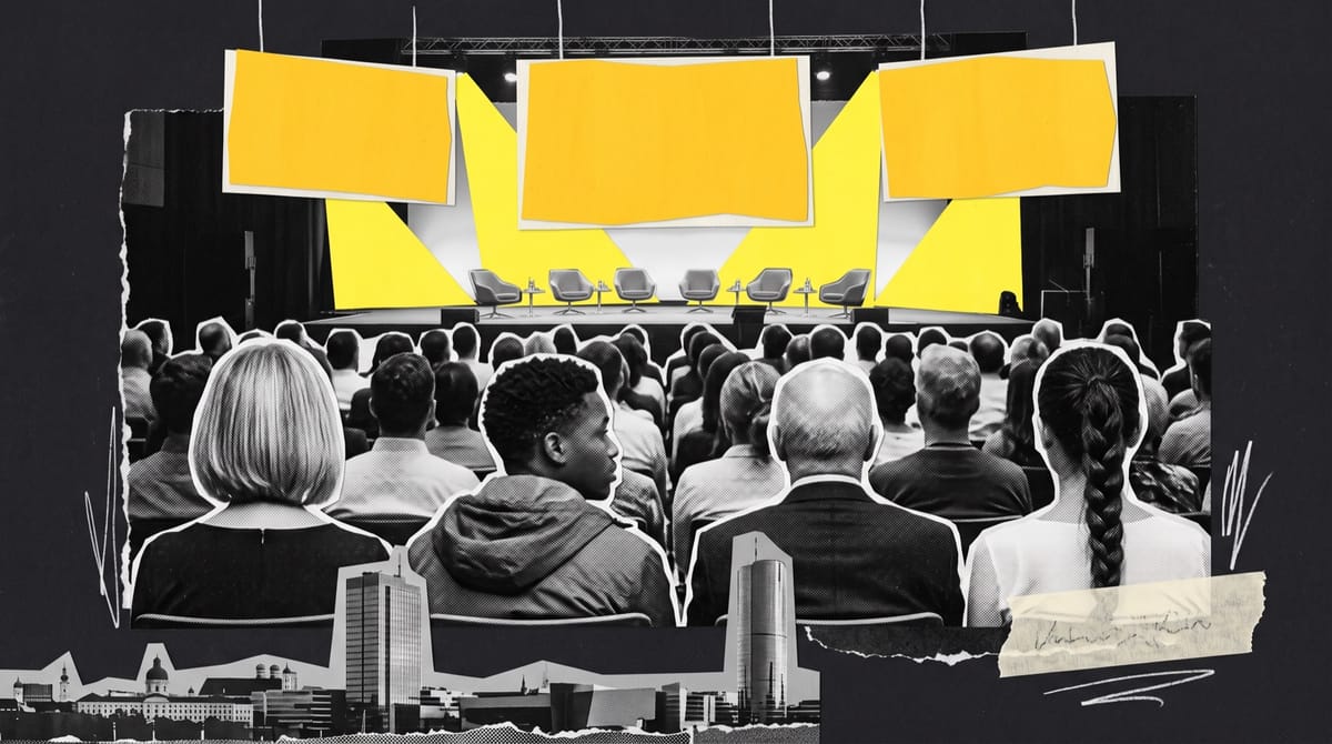 Collage of a packed conference hall seen from behind, an audience facing a lit stage with empty lounge chairs, yellow paper screens overhead and a city skyline below.