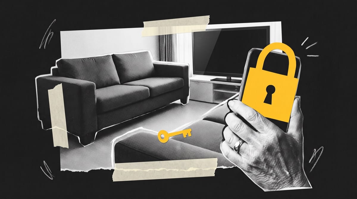 Paper collage of a sofa facing a television, with an older hand holding a phone that shows a yellow paper padlock and a small yellow key on a cushion.