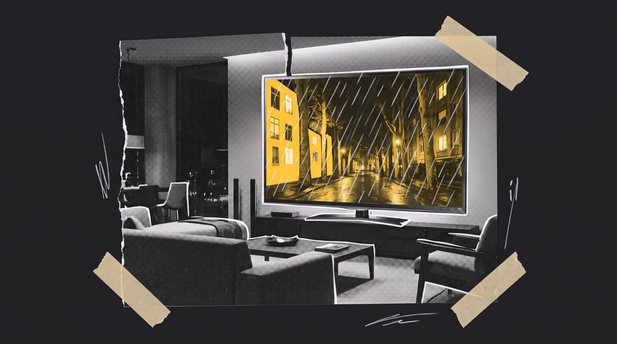 Paper collage of a dark living room with a low sofa and a large television showing a yellow rain-wet city boulevard lined with plane trees and lit windows.