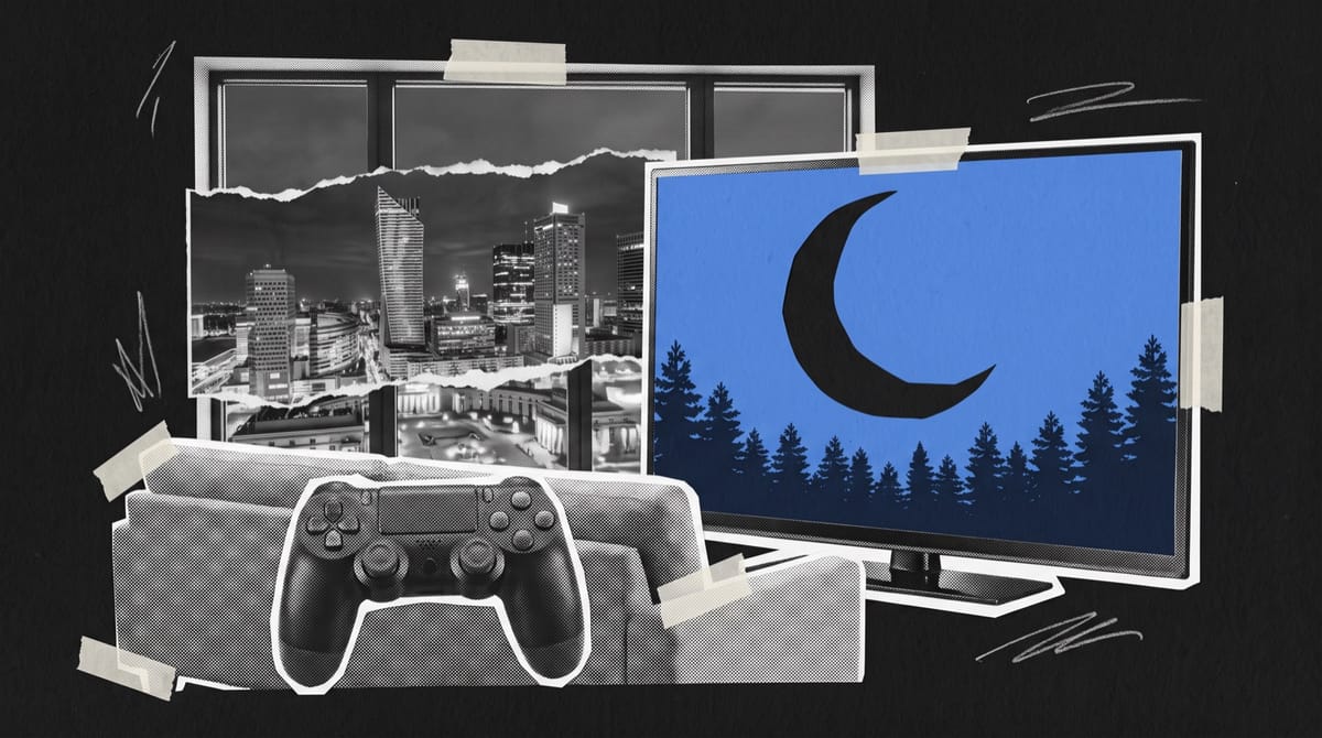 Collage of a gamepad on a sofa arm before a television showing a blue paper crescent moon over a pine forest, with a night city skyline through the window.