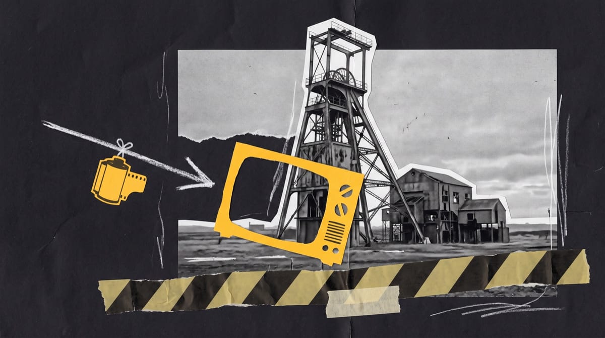 Paper collage of a coal mine winding tower behind police tape, with a yellow paper television leaning on it and a pencil arrow carrying a film canister toward the screen.