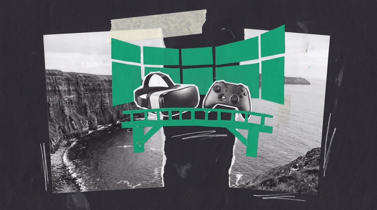 Paper collage of a torn coastline photo bridged by a green footbridge holding a headset and gamepad, with a curved wall of green LED panels behind.