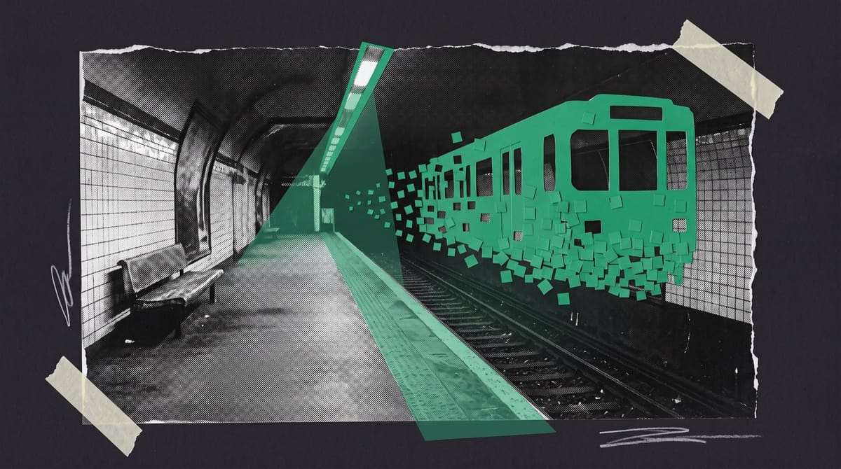 Collage of an abandoned underground railway platform with tiled walls and a dusty bench, lit by a green torch beam, with a ghostly green pixel train carriage floating over the tracks.