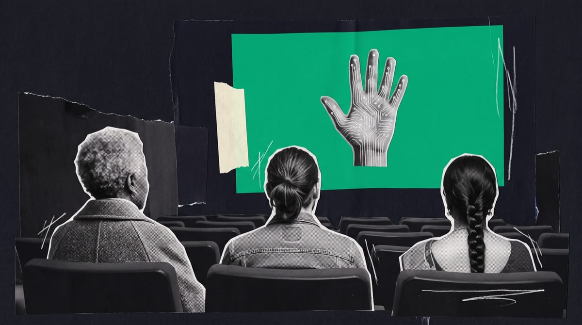 Paper collage of three audience members seen from behind in a dark cinema, facing a green screen showing an open hand with a circuit pattern on the palm.