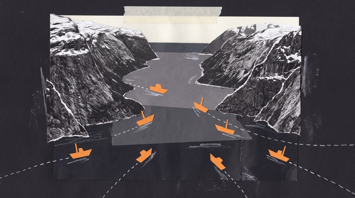Collage of a black-and-white fjord between snowy mountains, with eight small orange paper boats sailing outward across dark water, each trailing a dotted white line.