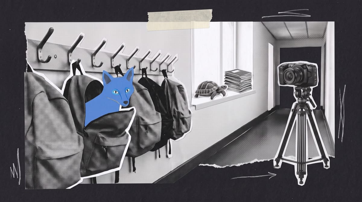 Paper collage of a school corridor with backpacks on coat hooks, a blue paper fox peeking from one bag, a paper tortoise on a windowsill and a cinema camera.