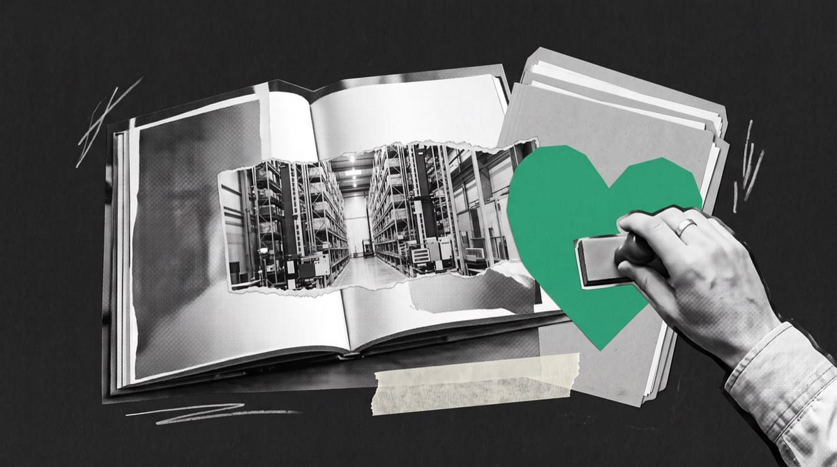 Paper collage of an open photobook showing a robotic warehouse, beside a hand stamping a green paper heart next to a stack of folders.