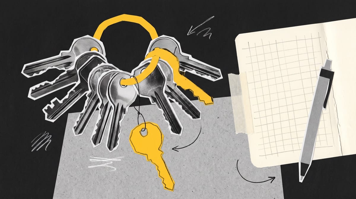 Collage of nine mismatched black-and-white door keys on a large yellow paper ring, lying on a desk beside an open notebook and pen, with one yellow key apart.