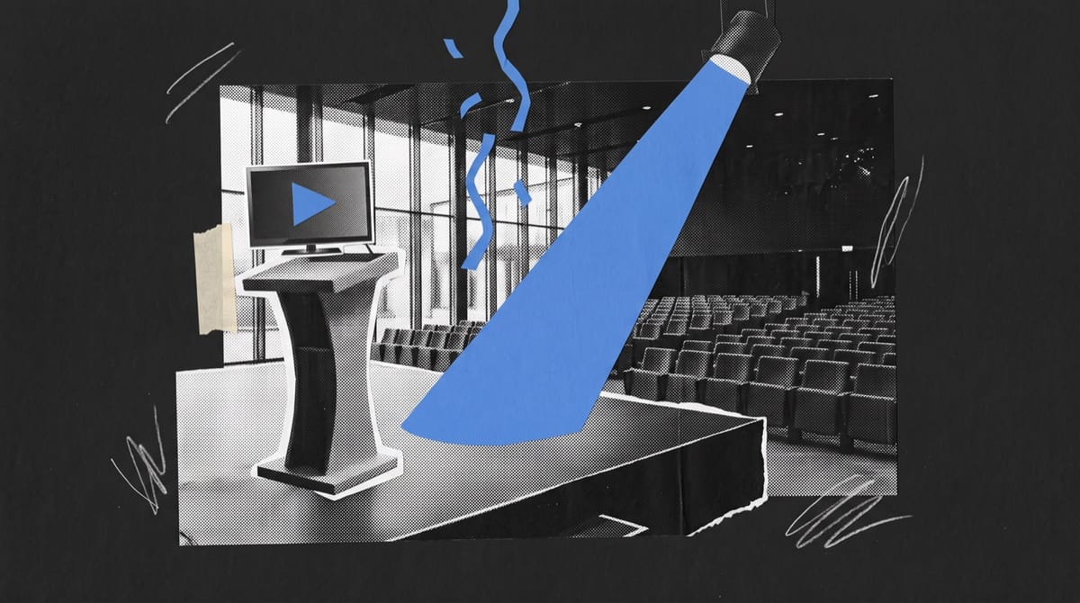 Paper collage of an empty awards stage in a glass hall, a small television on the lectern showing a blue play symbol, under a blue spotlight and falling confetti.