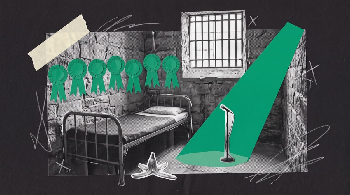 Collage of an empty prison cell with a narrow bed and barred window, green paper rosettes and a spotlight on a microphone stand, a banana peel on the floor.