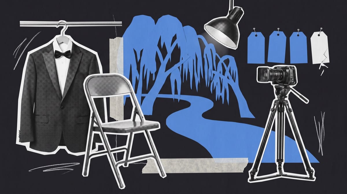 Paper collage of a dinner jacket and bow tie hung on an empty folding chair facing a cinema camera, with blue willow trees, a river and four hanging tags behind.