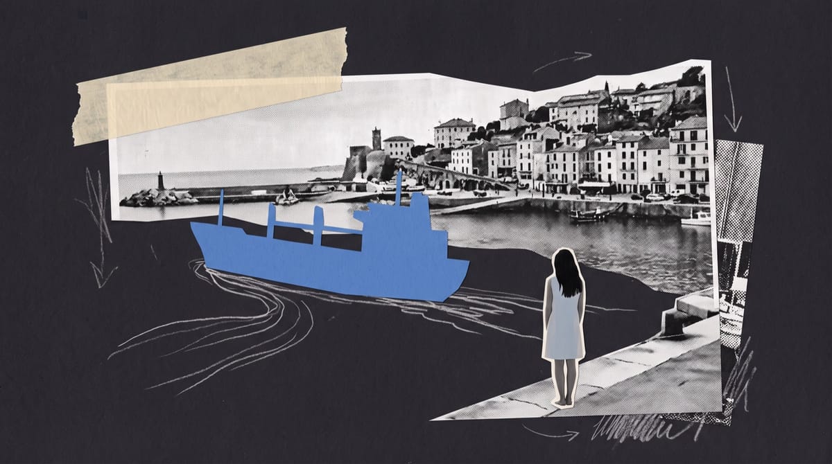 Paper collage of a black-and-white harbour town with a blue cargo ship in the water and a young woman on the quay watching it from behind.