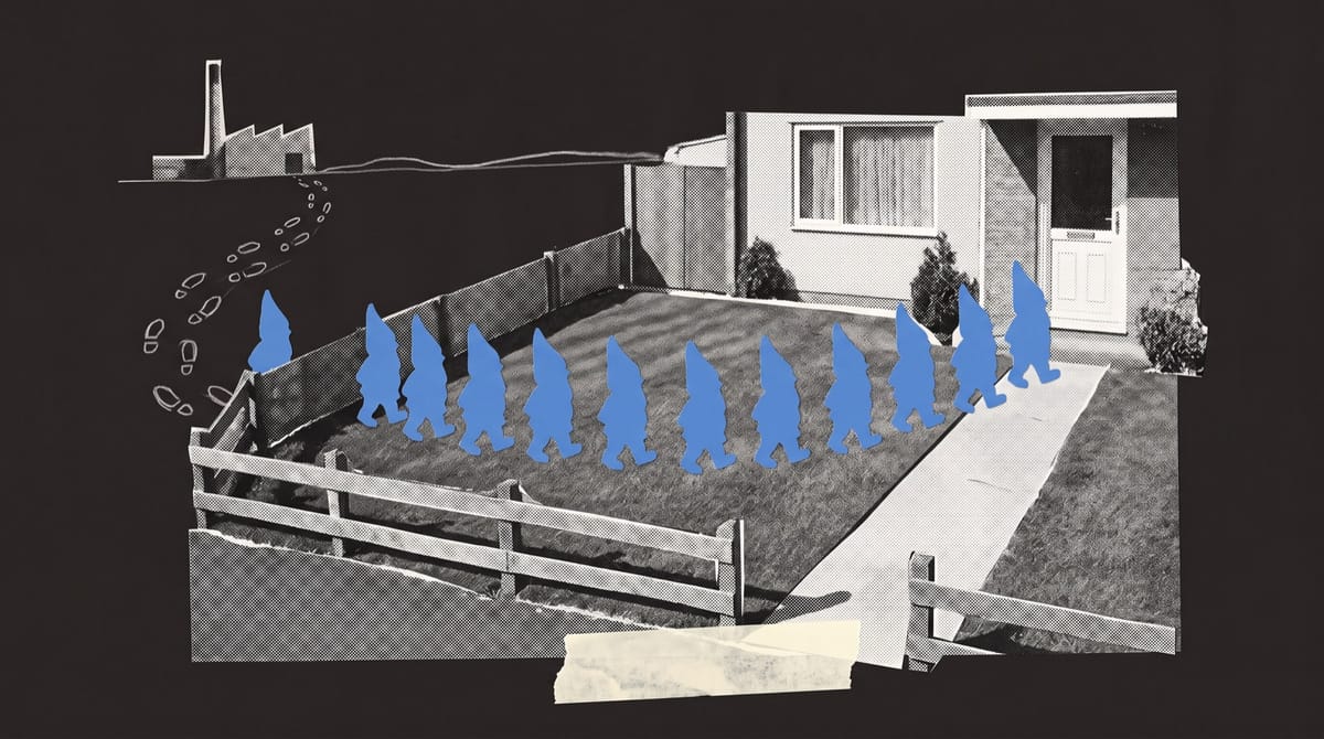 Collage of a tidy suburban front garden where a row of blue paper garden gnomes marches across the lawn toward the door, with pencil footprints leading back to a factory chimney.
