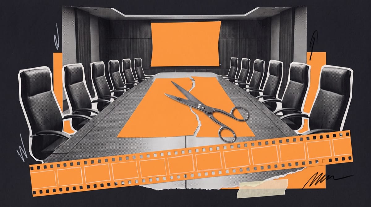 Paper collage of a long boardroom table lined with empty chairs, with open scissors halfway through cutting a large orange paper sheet in the middle.