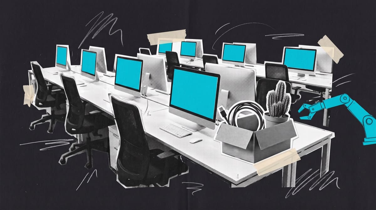 Collage of an empty open-plan office with cyan paper monitor screens, a cardboard box holding a cable and cactus, and a cyan paper robot arm reaching in.