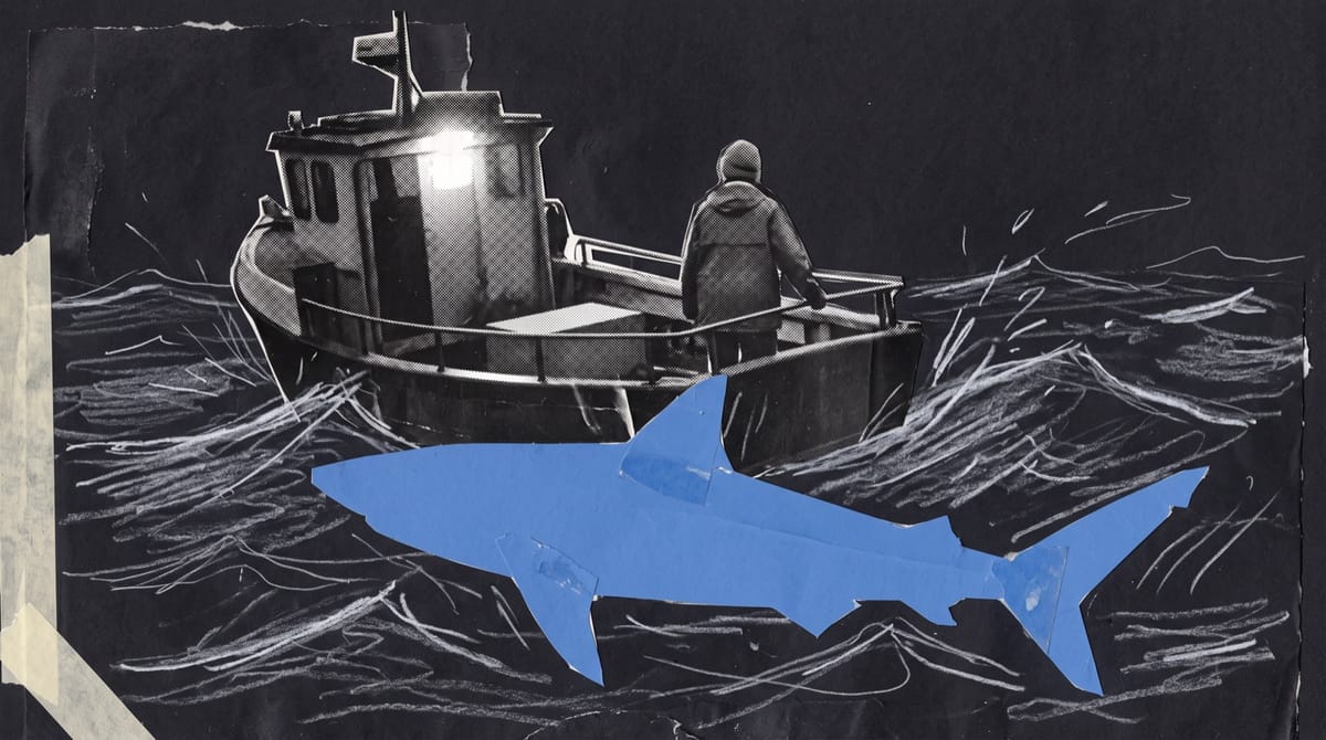Paper collage of an older woman at the rail of a small fishing boat on a dark night sea, a huge blue finned shape gliding beneath the hull.